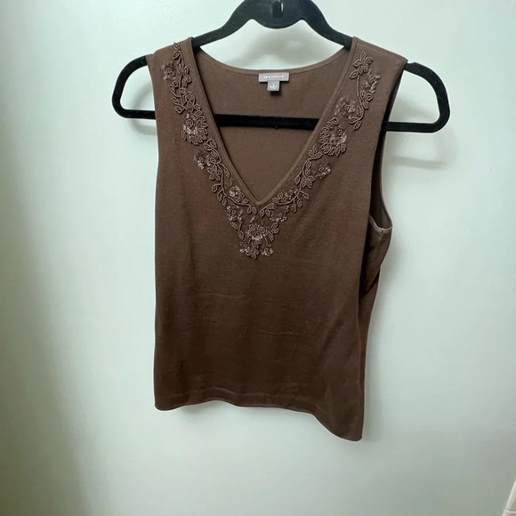 Ann Taylor brown beaded v-neck sweater silk-blend sleeveless top medium - Picture 15 of 17